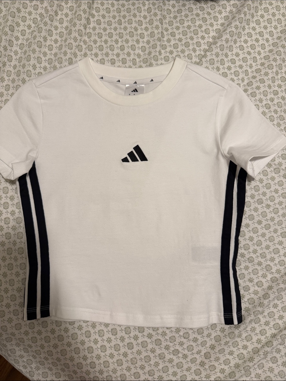 adidas White Tee with Navy Side Stripes and Black Logo
